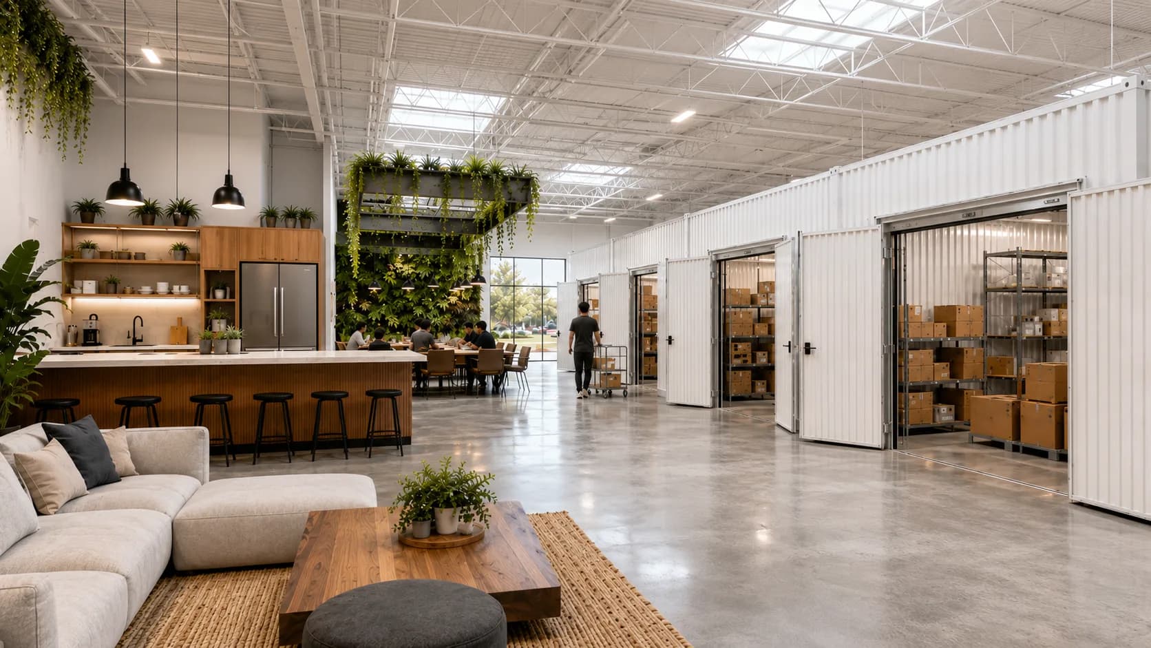 Inside an EasyBay co-warehousing space: shared lounge and kitchen beside private, lockable storage suites